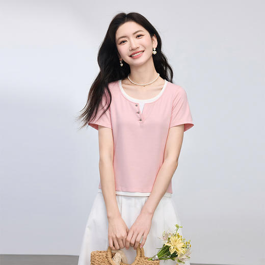 【专属特价】熙世界凉感假两件短袖t恤女2025夏新款女装设计感休闲正肩棉上衣 商品图1