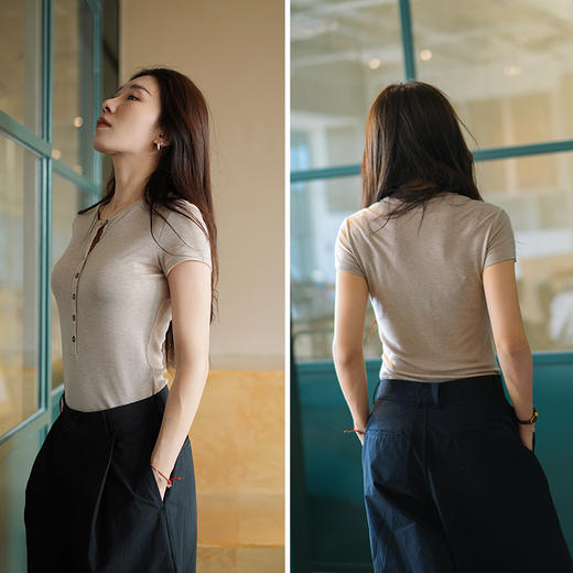 L RECNAVA 莱赛尔天丝+绵羊毛短袖 排扣修身显瘦T 柔软贴身不扎 商品图6