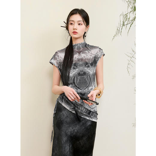 三彩【墨色微澜】2025夏季新款新中式T恤修身印花网纱短袖皮肤衣C 商品图3