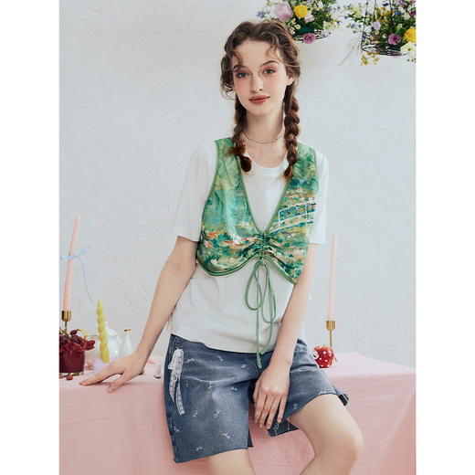 两三事 蝶吻清泉 2025夏季新款时尚珠片绣印花布拼接假两件t恤女 商品图1