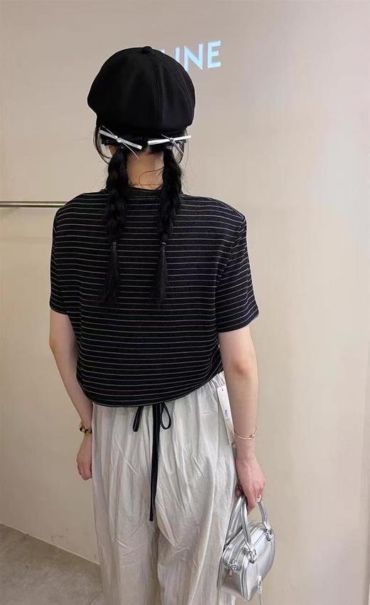 七夕福利-NO退 设计师品牌-55113银丝侧腰抽绳褶皱条纹修身显瘦短袖T恤-喜出 商品图2