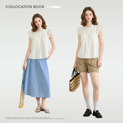 【纯棉】甜美木耳边飞飞袖衬衫女夏季拼接面料衬衣V1250684 商品图1