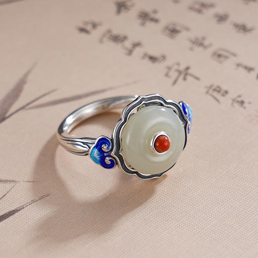 子佩集S925银【祥云相望】戒指【JZ01261】纯银和田玉珐琅彩平安扣2504 商品图1