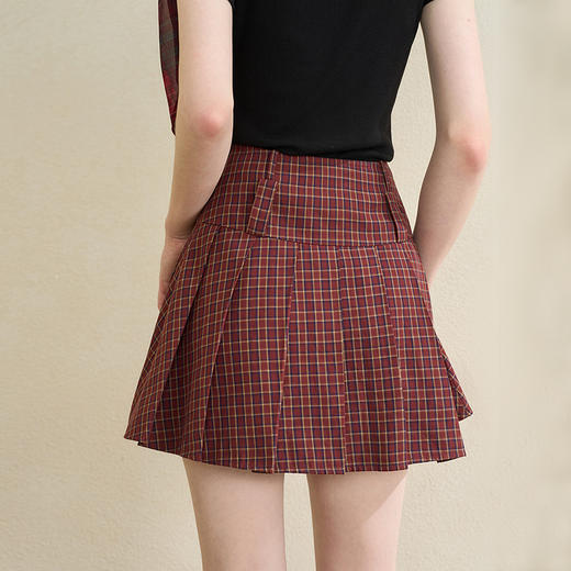 【纯棉】学院风复古红色格纹半身裙女夏季A字百褶裙V0950634 商品图4