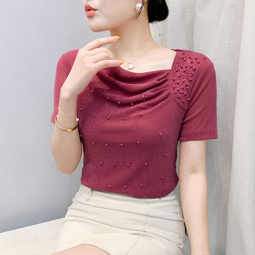 KQL 311H9039满天星烫钻斜领网纱短袖纯色洋气时尚休闲 商品图0
