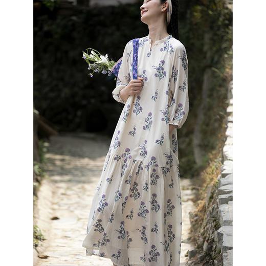 牧衣游原创 进口100支匹马棉印花连衣裙夏轻薄宽松气质长裙 桃香 商品图1