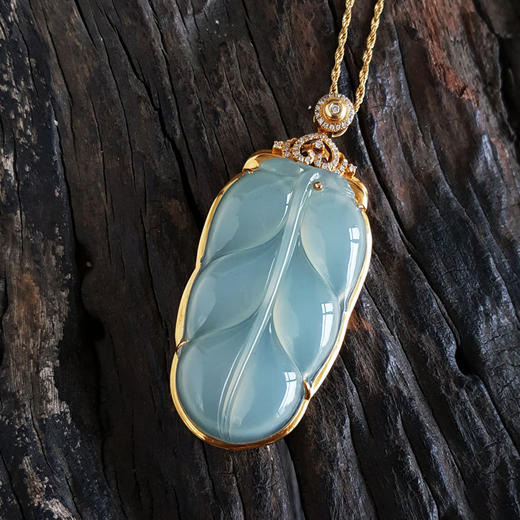 【天然正品】AU750黄金镶钻镶天然无纹裂冰种叶子（金枝玉叶）翡翠吊坠项链190425AH26 现售价：4880 商品图4