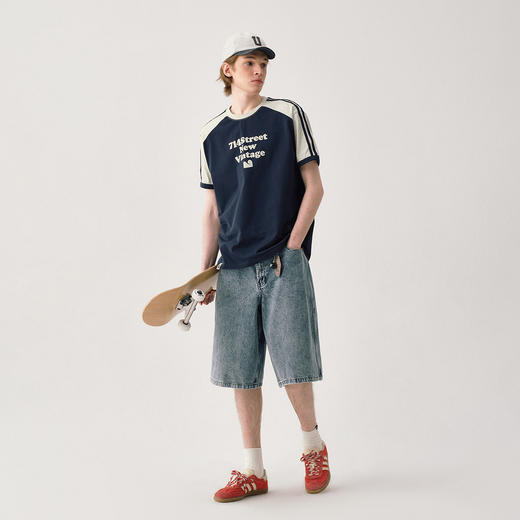 714street文字发泡印花撞色纯棉短袖T恤男夏季新款情侣装半袖体恤 商品图3