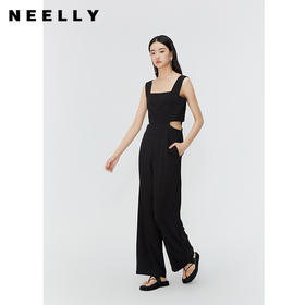 NEELLY纳俪商场同款夏新款黑色无袖镂空高腰连体裤女直筒垂感长裤N25054Q04414