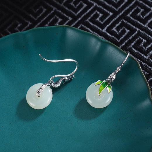 子佩集S925银【竹意诗情】耳环【ES00822】纯银和田玉珐琅彩平安扣2504 商品图2