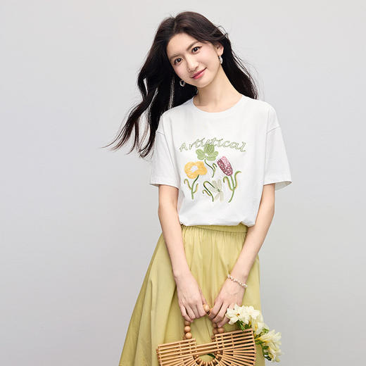 【专属特价】熙世界100%长绒棉绣花T恤短袖女2025夏季新款圆领宽松白体恤上衣 商品图4