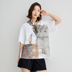 谜底T恤短袖女2025夏新品休闲日常印花宽松H型中长上衣252MT0556