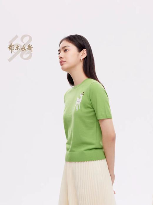 鄂尔多斯1980春夏羊毛羊绒混纺小鹿手绣嵌花女薄款短袖针织衫 商品图1