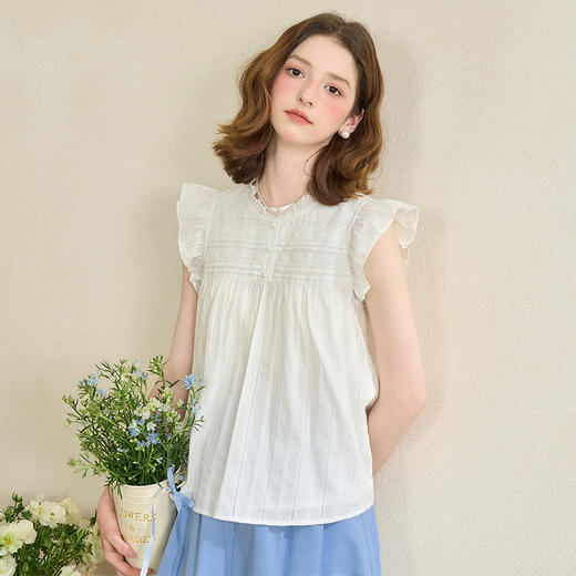 【纯棉】甜美木耳边飞飞袖衬衫女夏季拼接面料衬衣V1250684 商品图3