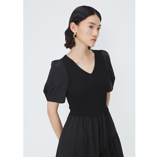 NEELLY纳俪商场同款夏季新款针织拼接短袖连衣裙女V领优雅长裙N25054Y04656 商品图2