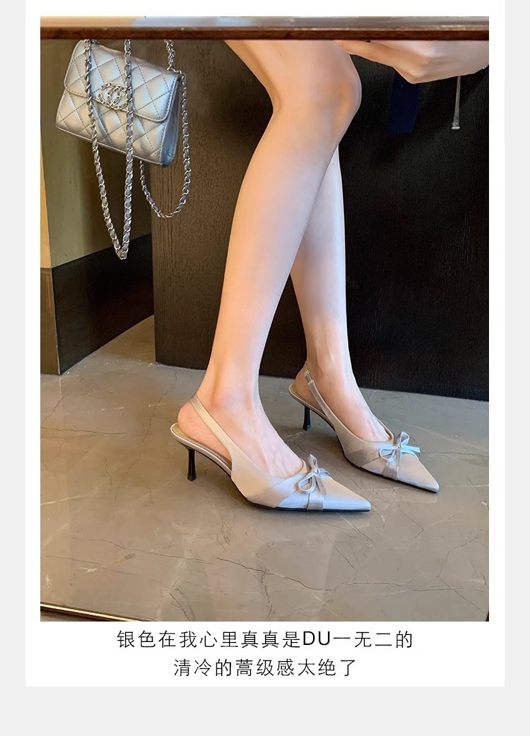 葡萄妈studiolee同款 显腿长7cm高跟凉鞋细跟蝴蝶结尖头后空单鞋女夏