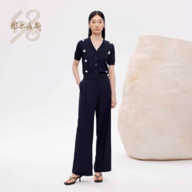 鄂尔多斯1980春夏桑蚕丝V领蝴蝶嵌花女短袖轻薄针织开衫