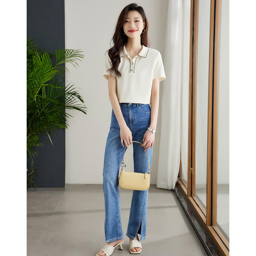 【专属特价】熙世界文艺风肌理感T恤休闲织带POLO衫2025年夏季款短袖上衣女t 商品图4