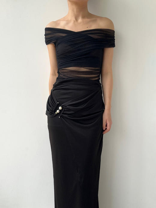 SIJIA｜黑色一字肩褶皱网纱T [ 黑SS2510 ] 商品图4