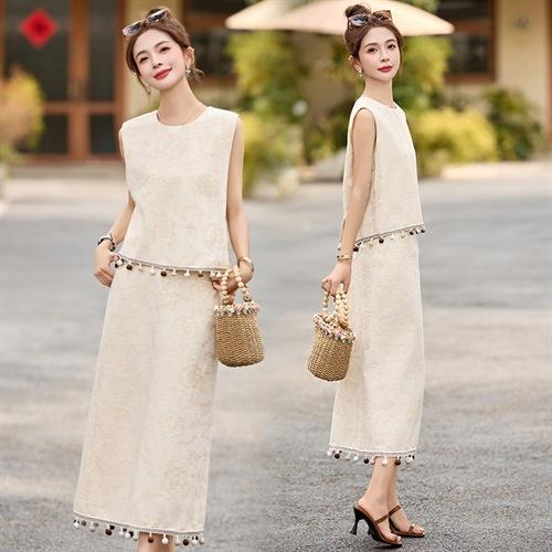 时髦套装套头无袖刺绣上衣+复古设计感半身裙两件套YRX9238 商品图1