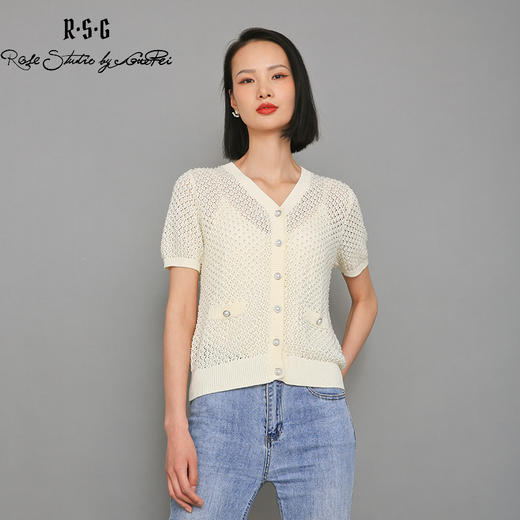 RSG郭培成衣品牌全钉珠镂空钩花V领短袖女夏上衣 商品图3