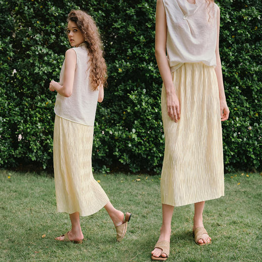 OLrain欧芮儿简约压褶铅笔半裙夏季2025新款松紧腰仙气浪漫中长裙 商品图4