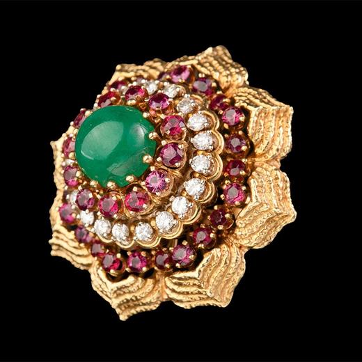 独角鹿西洋古董 1970年代美国出品花朵造型黄金镶嵌钻石红宝石及蛋面祖母绿戒指 商品图1