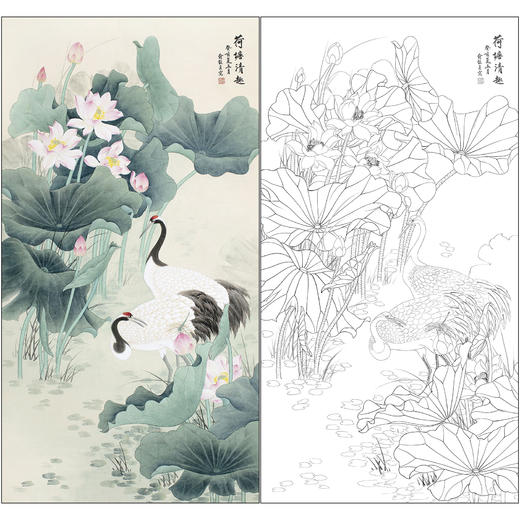 俞致贞花鸟工笔画白描底稿《荷塘清趣》荷花仙鹤临摹勾线高清打印稿ZZ82 商品图0