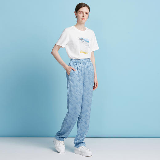 EITIE爱特爱轻运动风清爽蓝色直筒松紧腰长裤休闲裤夏季新款B2505616 商品图3