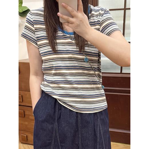 2025新品  佳佳同款【黄桃罐头】撞色条纹短袖上衣时尚百搭宽松圆领遮肉舒适 商品图2