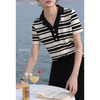 鹿向南  「墨白轻吟」条纹polo领短袖针织衫夏季显瘦百搭T恤上衣女 商品缩略图1