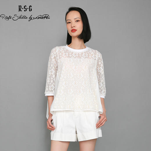 RSG郭培成衣品牌设计感蝙蝠衫廓形蕾丝拼接浪漫T恤衫 商品图1