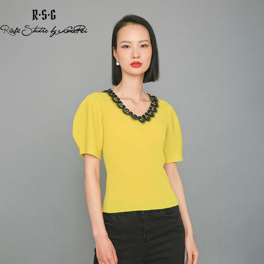 RSG郭培成衣品牌泡泡袖V领坑条修身显瘦短款针织衫夏季新款 商品图0