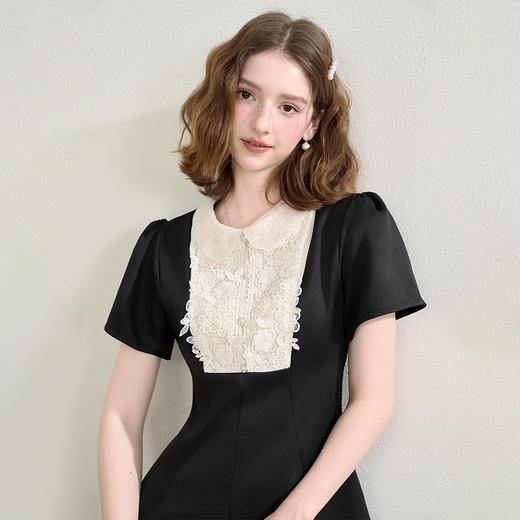 西遇黑色花领无袖连衣裙女新款a字法式收腰短袖裙子SS150080 商品图3