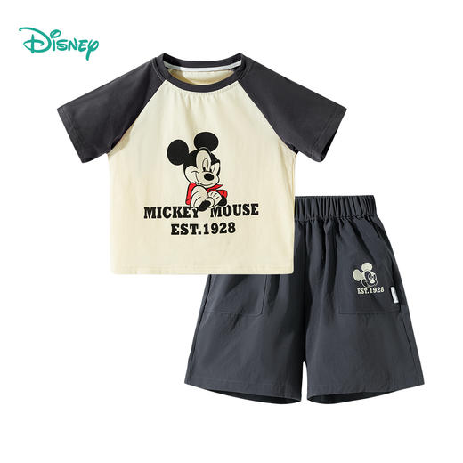 迪士尼【撞色插肩袖凉感套装】夏季新款男童冰感米奇T恤短袖短裤两件套ZD2ET017 商品图7