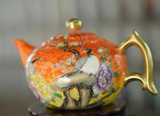 橙色扒花花鸟壶 商品图0