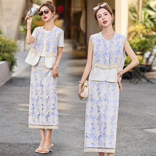 小香风蕾丝套装裙夏季轻奢高级感复古刺绣马甲半身裙气质三件套YQH9210 商品图0