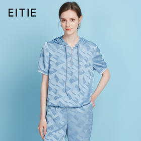 EITIE爱特爱休闲连帽宽松显瘦蓝色轻运动短袖上衣2025夏季新款B2513622
