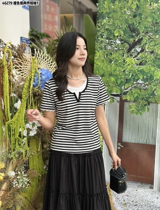 T46279#撞色条纹假两件短T 商品图2
