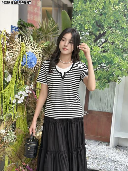 T46279#撞色条纹假两件短T 商品图1