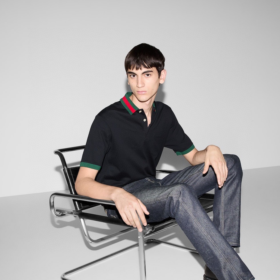 G家经典撞色领丝光珠地棉翻领Polo衫 经典标识性红绿撞色螺纹领