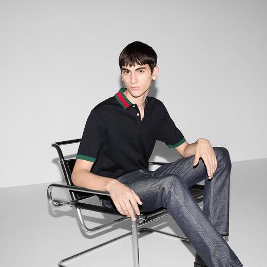 G家经典撞色领丝光珠地棉翻领Polo衫 经典标识性红绿撞色螺纹领 商品图0