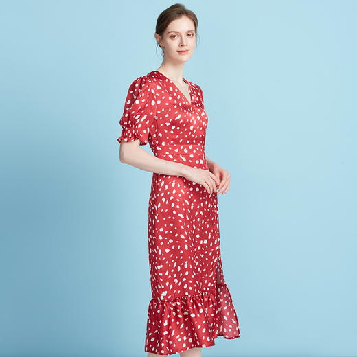 EITIE爱特爱法式V领波点泡泡袖开叉过膝长裙连衣裙2025夏季新款B2507690 商品图6