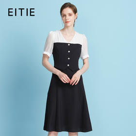 EITIE爱特爱撞色V领拼接显瘦a字中裙气质通勤连衣裙2025夏季新款B2507680