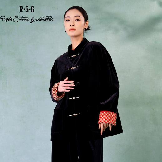 郭培成衣品牌精品系列奢华中式老钱风袖口铜钱刺绣丝绒外套 商品图0