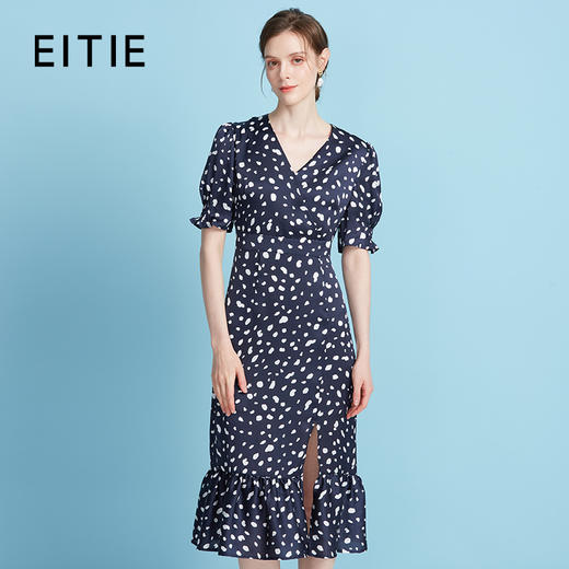 EITIE爱特爱法式V领波点泡泡袖开叉过膝长裙连衣裙2025夏季新款B2507690 商品图0