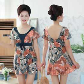 【防走光设计】中老年连体泳衣女保守短袖显瘦遮肚大码微胖mm妈妈裙式温泉游泳装。ry