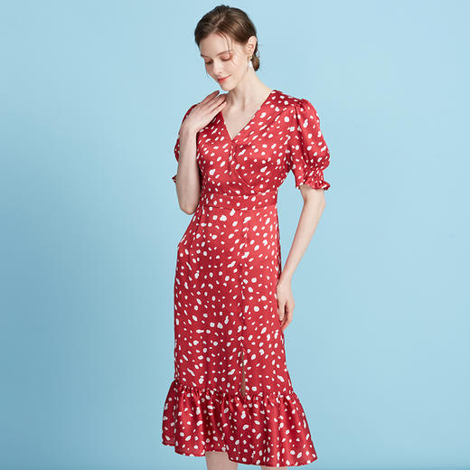 EITIE爱特爱法式V领波点泡泡袖开叉过膝长裙连衣裙2025夏季新款B2507690 商品图7