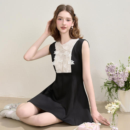 西遇黑色花领无袖连衣裙女新款a字法式收腰短袖裙子SS150080 商品图2