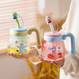 摩登主妇带把手玻璃水杯2025新款吸管杯子茶水分离杯高颜值果汁杯